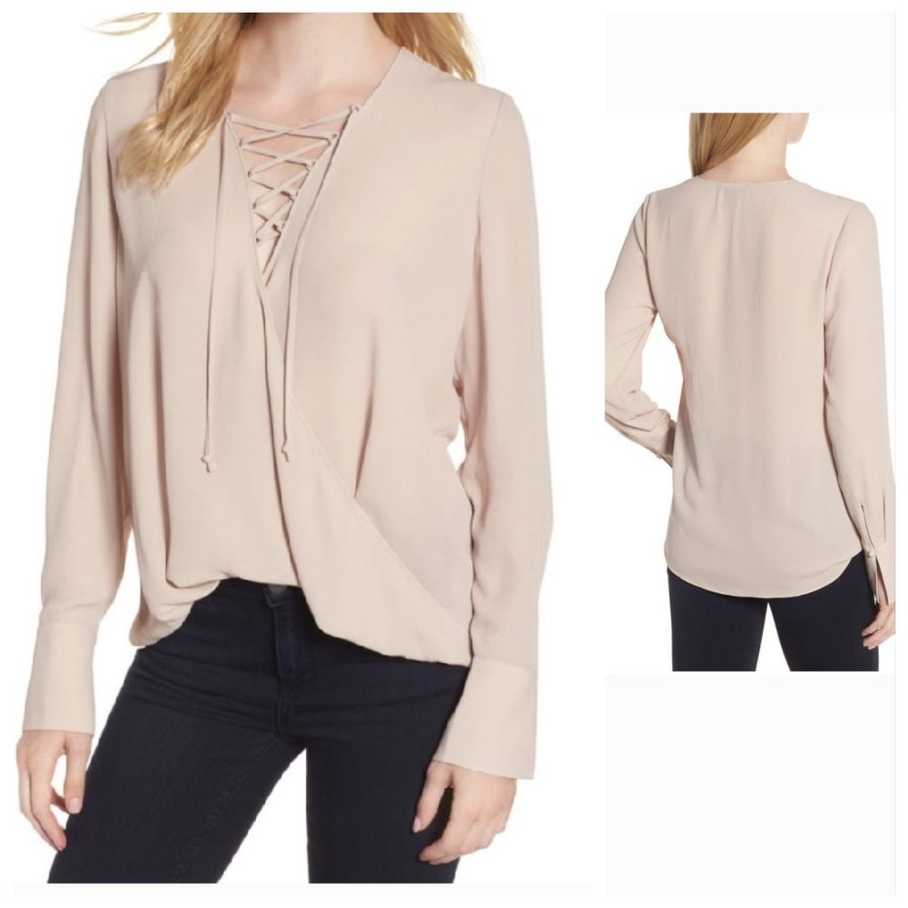 Trouve Long Sleeve Tie / Lace-Up Neckline Blouse